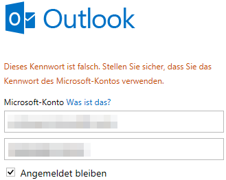 outlook.com: Kennwort falsch