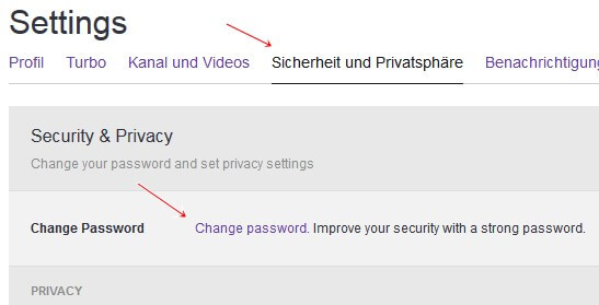 Twitch.tv: Sicherheit & Privatsphäre, Passwort ändern